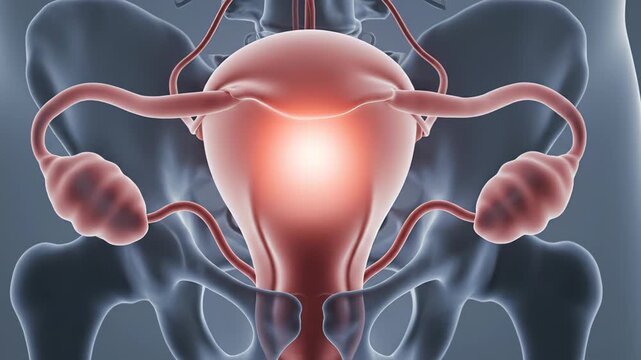 Scientific animation showing ovulation. With an egg being released from the ovary and traveling through the fallopian tube to the uterus. Representing the female menstrual cycle and fertility process