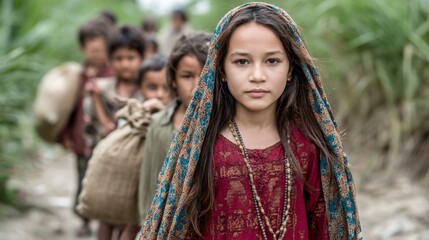 A young girl leads a group of children along a rural path. The scene captures their journey in life. It highlights resilience, connection, and community bonds. 