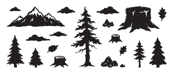 Fototapeta premium Collection of black nature silhouettes including mountains, pine trees, stumps, clouds, and rocks in a hand-drawn grunge and pixel art style for adventure and camping themes