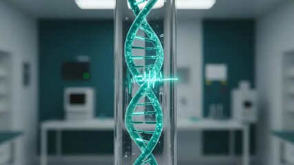 Scientific animation showing a double helix dna strand rotating inside a glass container with a pulsing heartbeat cardiogram, set against the blurred background of a modern science laboratory - Powered by Adobe
