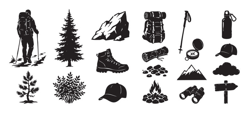 Collection of black hiking and camping icons featuring a hiker silhouette, backpack, boot, compass, and campfire, a graphic vector set for outdoor adventure and travel design