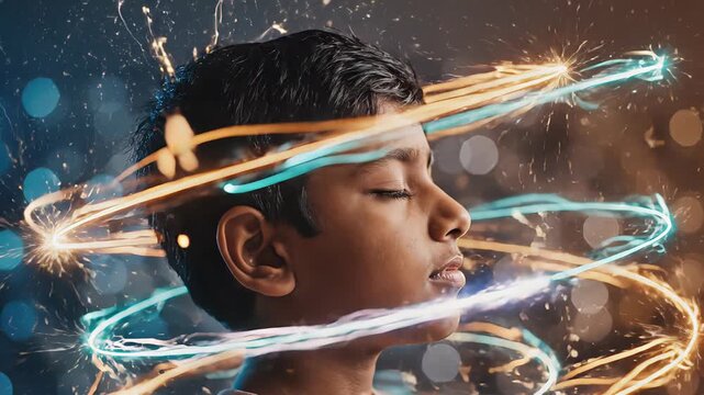 Artistic representation showing a young boy with closed eyes while glowing trails of light and sparks circle his head, symbolizing thoughts, imagination, and neurological processes within the brain