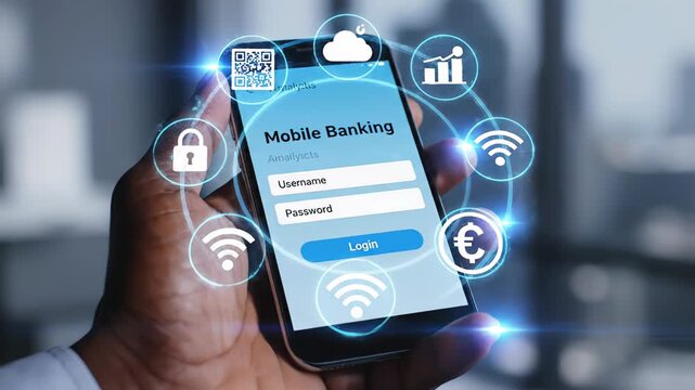 Businessmans hand holding a smartphone with a mobile banking login screen, surrounded by a hologram of animated icons representing finance, security, and modern digital technology concepts