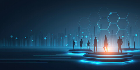 Professional silhouettes standing on illuminated platform with hexagonal technology interface.
