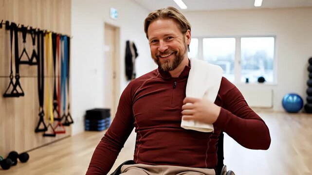 Confident man with a disability in a wheelchair resting after his workout, drinking water from a bottle and smiling at the camera in a modern rehabilitation gym with fitness equipment