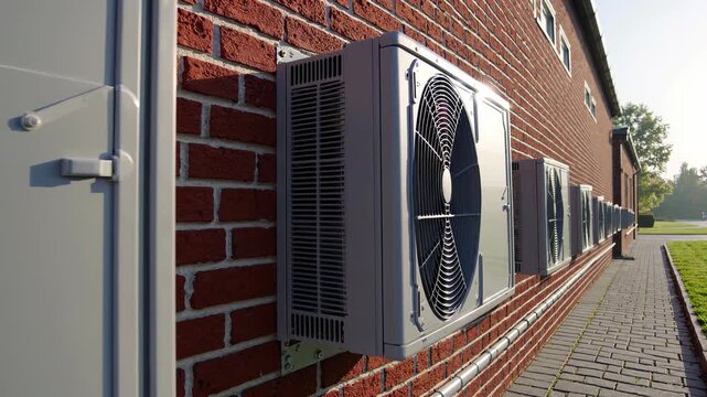 Multiple hvac air conditioner units with spinning fans mounted in a row on a red brick building exterior, providing cooling and ventilation for a modern commercial or residential property