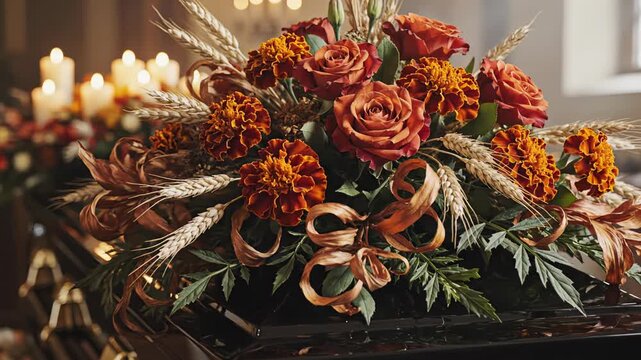 Close up of a beautiful floral arrangement with red roses and orange marigolds on a dark, glossy coffin, with soft focus candles creating a warm and solemn atmosphere in the background