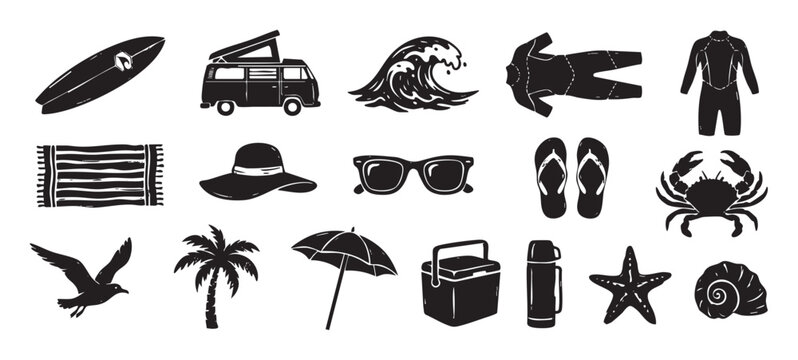 Collection of black hand-drawn beach and surfing icons featuring a camper van, surfboard, wave, palm tree, and crab in a vintage woodcut or linocut illustration style
