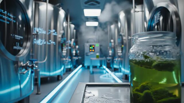 Green microalgae sample in a glass jar bubbling within a futuristic bioreactor facility, a concept for biofuel research, sustainable energy production, and advanced biotechnology