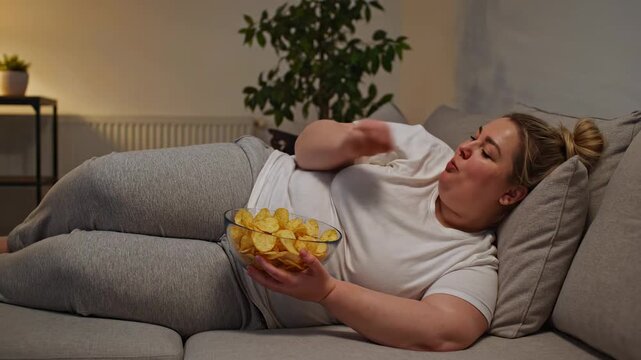 Plus size woman relaxing on a sofa in a dimly lit living room, eating potato chips from a bowl. The scene depicts sedentary lifestyle, unhealthy eating habits, and comfort food indulgence.
