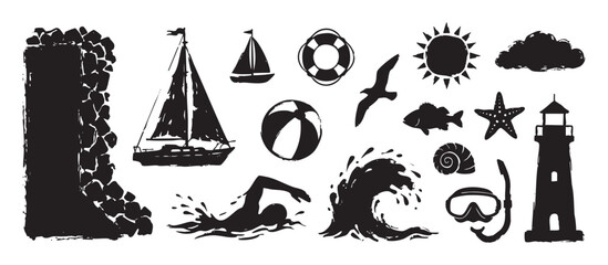 Fototapeta premium Collection of black grunge sea icons featuring a sailboat, lighthouse, wave, and swimmer in a distressed, hand-drawn stamp style for summer vacation and nautical themes