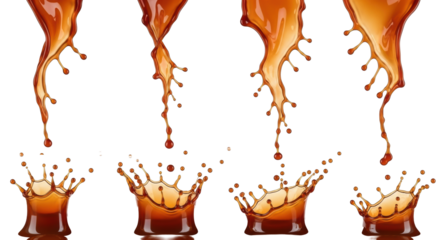 Dynamic splashes of glossy, viscous golden-brown caramel sauce and translucent droplets, frozen mid-air against a transparent background with copy space, concept for sweet food advertising