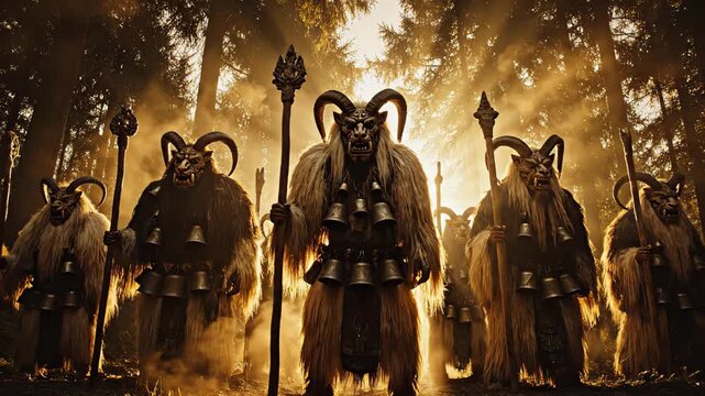 Mythical horned creatures from alpine folklore walking forward through a smoky, dark forest with dramatic sun rays shining through the trees, creating a powerful and intimidating spectacle