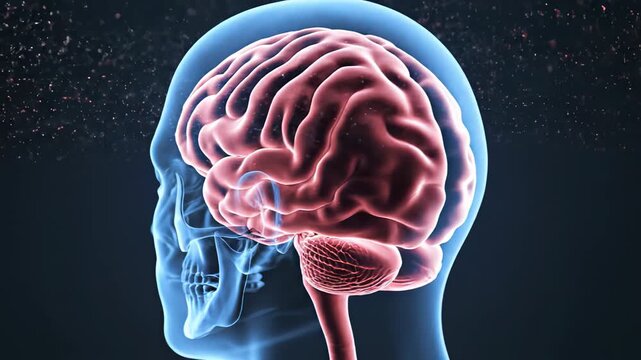 Medical animation showing a detailed human brain rotating inside a transparent skull, revealing cerebral hemispheres, cerebellum, and brainstem with surrounding neural activity and neurons