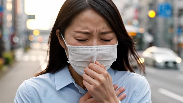 Sick asian businesswoman wearing a protective face mask coughing and feeling unwell on a city street. Poor health conditions, viral infection symptoms and air pollution concept