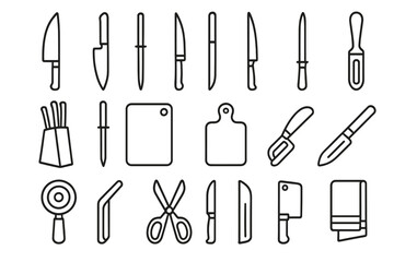 Obraz premium Culinary Prep Icons. Line style icons of Culinary Prep Essentials: chef knife, paring knife, santoku, bread knife, carving knife,