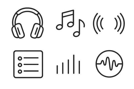 Audio Flow Icons. Audio immersion flow: Line style icons of cushioned headphones, melody symbols, wave arcs, playlist square,