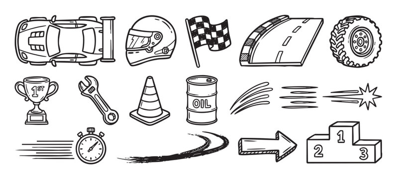 Hand-drawn car racing doodle icon set featuring a sports car, helmet, checkered flag, trophy, and podium in a black and white sketch style illustration for motorsport concepts