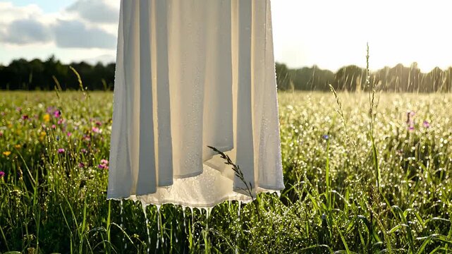 Close up of a wet white dress with water dripping from the hem in a lush green meadow with wildflowers during a sunny evening, creating a beautiful backlit and slow motion effect