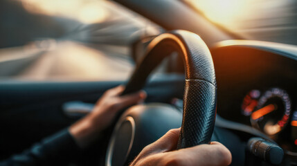 Person holding a textured steering wheel inside a car driving at sunset with illuminated dashboard gauges and blurred road in the background