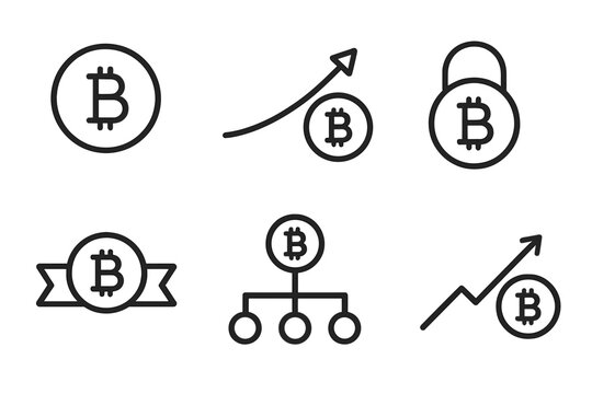 Crypto Yield Icons. Line vector icons of crypto yield generation: coin outline, growth arc, locked loop, reward band, staking node
