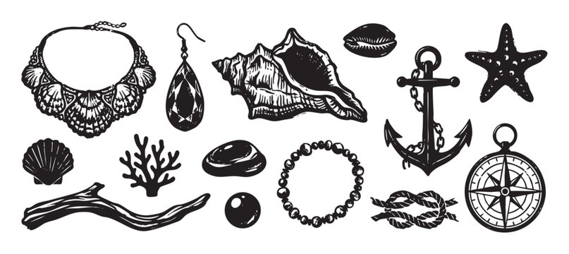 Hand-drawn set of nautical and treasure icons with a shell necklace, anchor, and compass in a vintage black and white woodcut illustration style