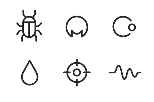 Targeted Nano-Therapy Icons. Line vector icons of targeted nano-therapy: nanobot outline, receptor spot, binding arc, micro-dose