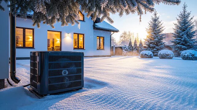 External heat pump unit operating efficiently in a snowy backyard during a cold winter sunrise, providing sustainable and eco friendly heating and cooling for a modern residential house
