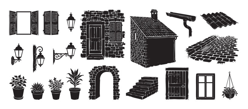 Black silhouette illustrations of rustic architectural elements including a stone house, windows with shutters, doors, street lamps, and potted plants in a vintage hand-drawn style