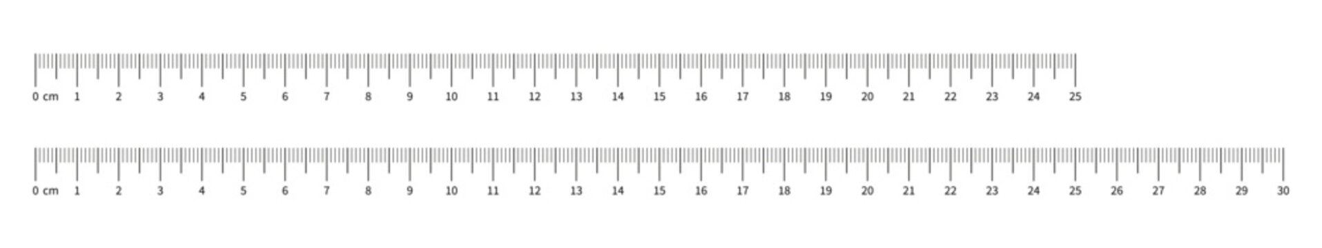 Set of measuring chart with 25cm and 30 centimeters. Collection of ruler scale 250mm and 300mm with numbers. Length measurement math, distance, Sewing tool. Templates of ruler scale. 
