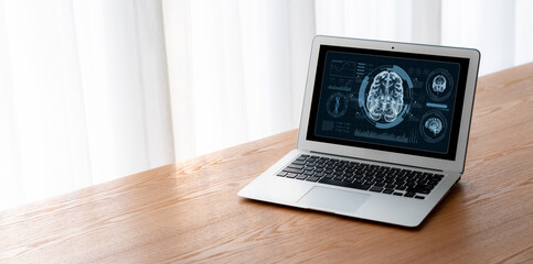 Medical science technology and futuristic healthcare virtual computer software analyze human health and diagnose disease for doctor data and medical research. brisk