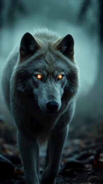 Wolf Walking Through Foggy Forest at Night
