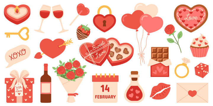 Cute Valentine illustration set with hearts, gifts, chocolates, roses, wine, balloons, romantic symbols. For card, invitations, packaging, print, decor, love themed design. Hand drawn. Flat vector.