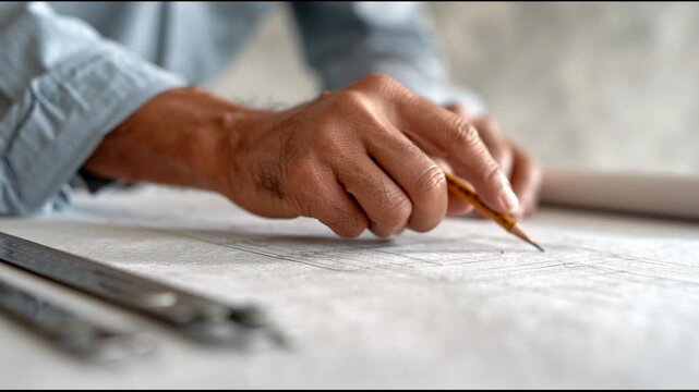 Architect meticulously draws blueprints on a large sheet of paper, using a pencil and ruler, showcasing the detailed process of architectural design