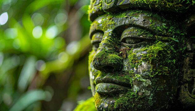 Olmec head stone sculpture in dense jungle, ancient Mayan culture and history concept, weathered