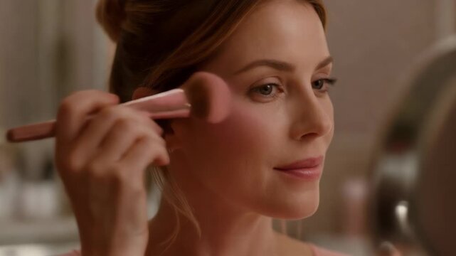 Close up of woman applying soft pink blush on cheek with makeup brush in a well-lit space enhancing smooth skin glow