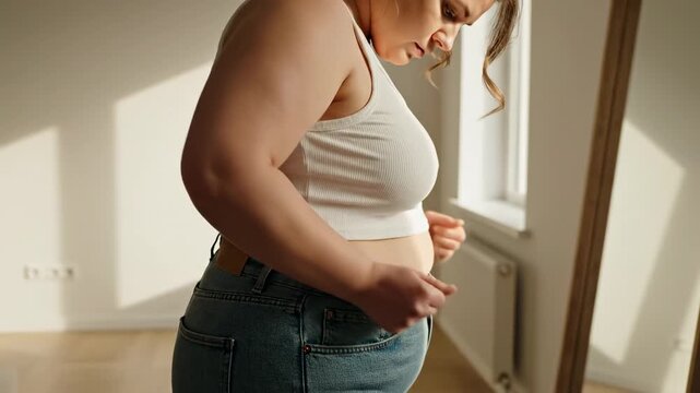 Overweight woman stands in profile pinching her waist, examining tight jeans near a mirror. Natural sunlight highlights her contemplative mood regarding body image and weight loss struggles