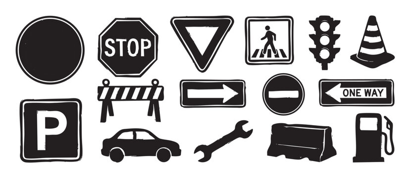 Collection of hand-drawn traffic and road safety icons including a stop sign, car, and gas pump in a black grunge stamp style illustration for transportation concepts