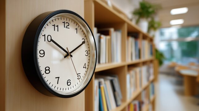 Simple round wall clock hanging on a wooden wall in a modern library or classroom. Time management and education concept.