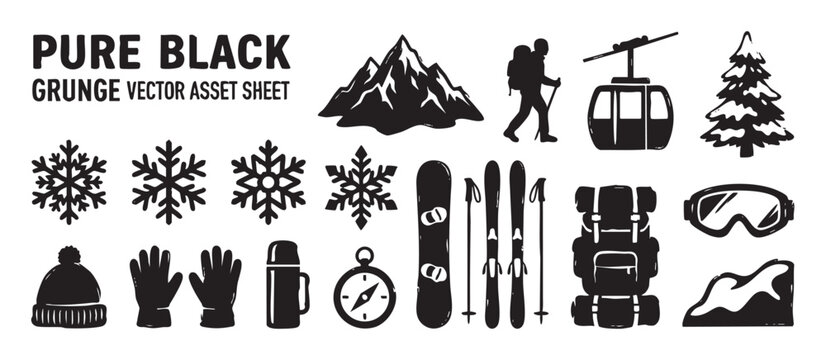 Collection of black hand-drawn winter sport icons with a grunge texture, featuring a mountain, hiker, cable car, snowboard, skis, goggles, and snowflake illustrations