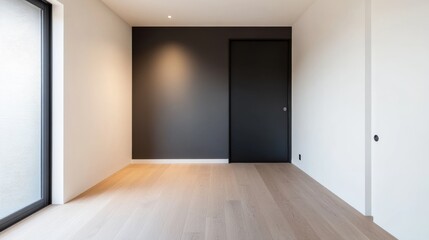 Obraz premium Minimalist Hallway Black door, white walls, wood floor, large window, spotlight effect. Interior design, modern