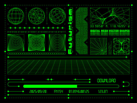 Retro Techno Futurism Cyberpunk Y2K Vector Shapes Set, Neon Digital Mesh Wireframe Elements, Abstract Sci-Fi HUD Geometry, Tech Interface Design Assets for Graphic Designers