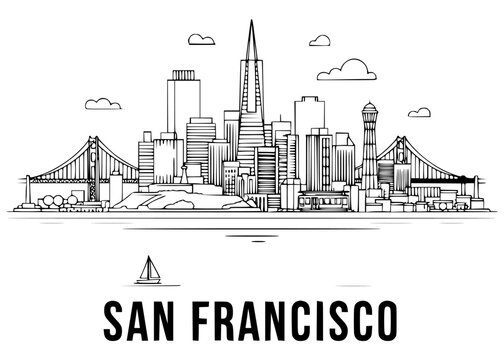 San Francisco skyline illustration, capacity line art, iconic architecture drawing, urban bridge sketch, black and white city landmark artwork