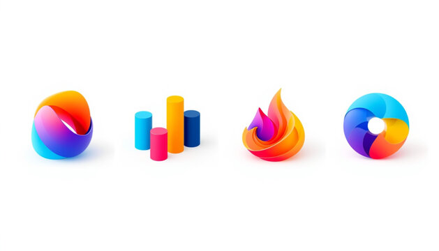 Cloud icon, wifi, and sync a set of colorful 3d geometric shapes including a sphere cylinder flame and torus