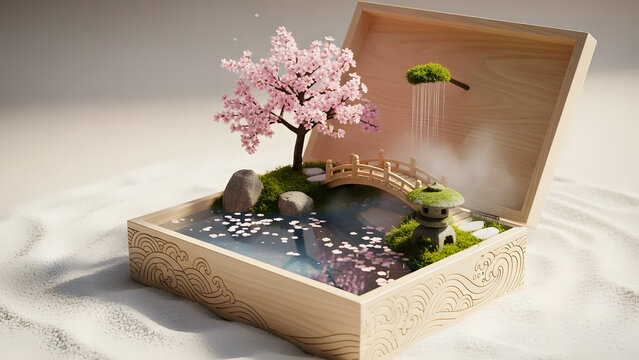 Miniature Zen Garden Inside a Wooden Box bonsai tree