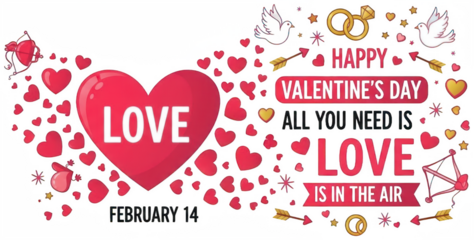 Valentine Happy valentines day greeting card with big red heart and love symbols