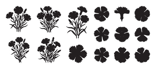 Naklejka premium Black carnation flower silhouettes in a set of various bouquets and individual blooms, showcasing a graphic, minimalist style for botanical design elements and floral illustrations