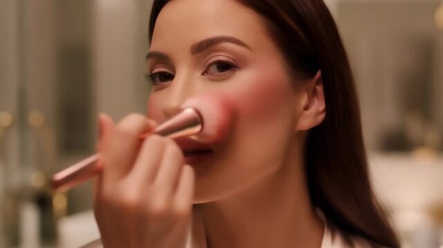 Close up of woman applying soft pink blush on her cheek to enhance natural beauty and create a smooth skin glow