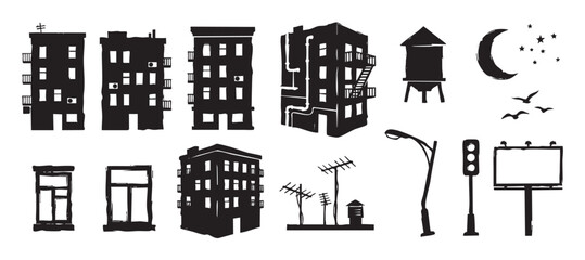 Obraz premium Collection of black urban cityscape silhouettes featuring apartment buildings, a water tower, moon, and street elements in a hand-drawn graphic illustration style