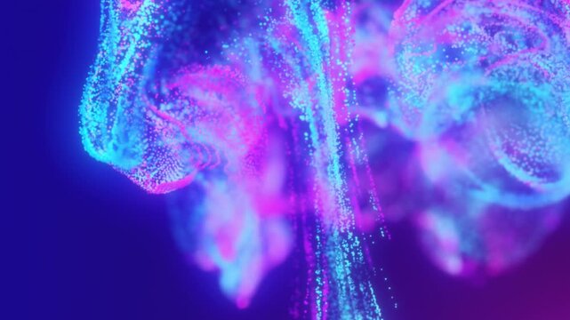 Futuristic human head silhouette formed by glowing blue and pink particles
